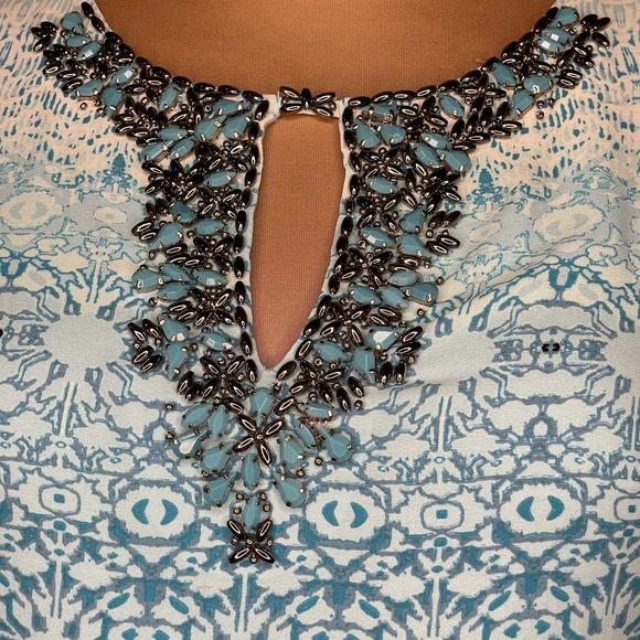 WHBM Oasis Blue Shift Lined Dress Embellished Print Sleeveless Small Petite - Picture 10 of 14